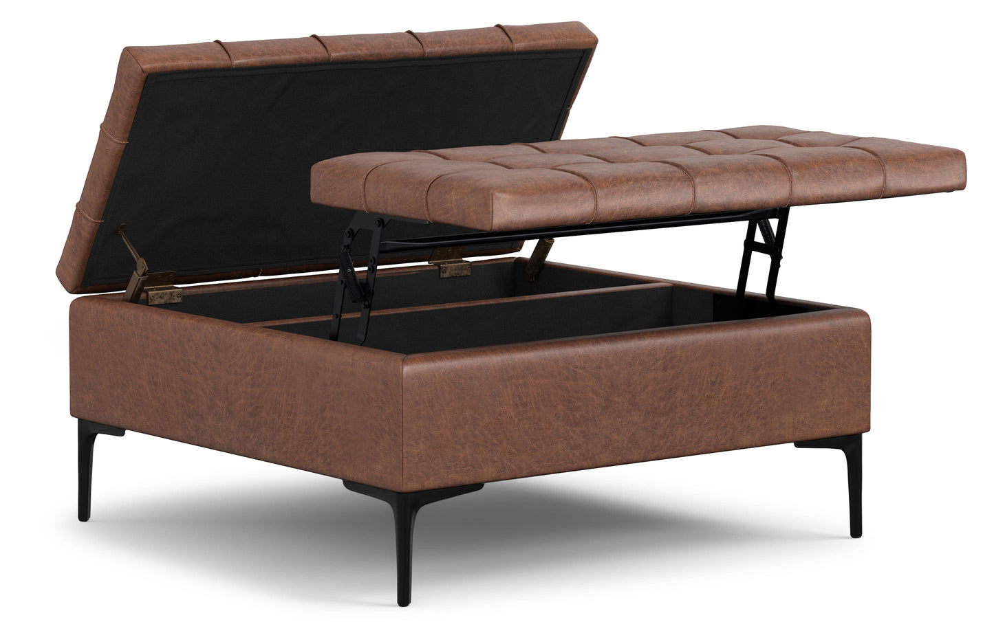 Distressed Saddle Brown Vegan Leather | Laura Lift Top Storage Ottoman