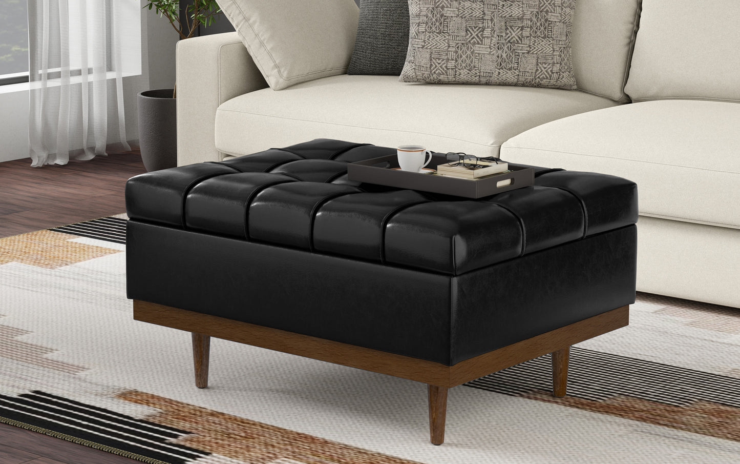 Midnight Black Distressed Vegan Leather | Mariah Coffee Table Storage Ottoman