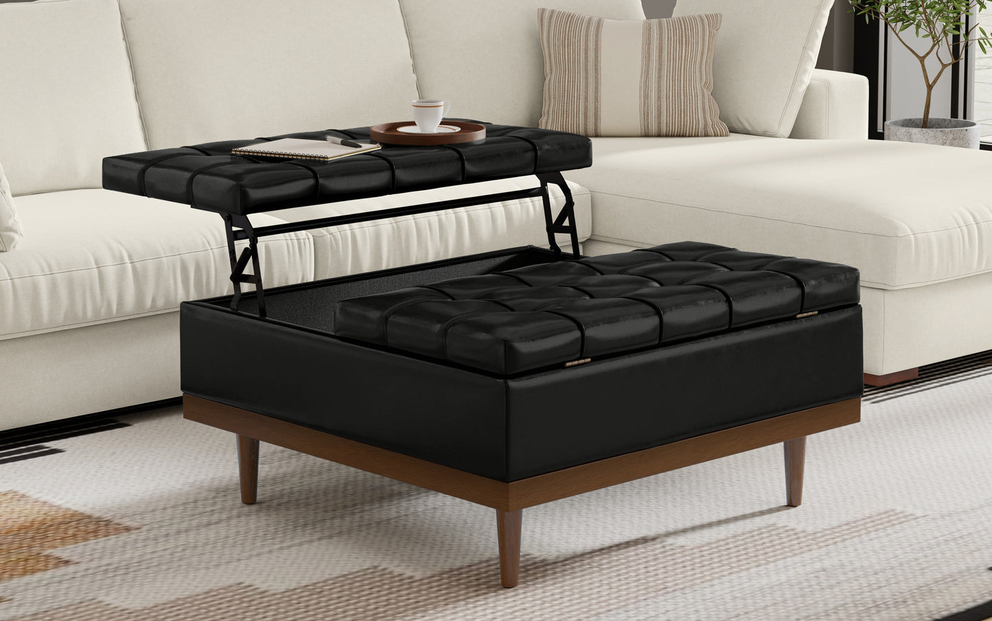 Midnight Black Distressed Vegan Leather | Mariah Lift Top Table Storage Ottoman