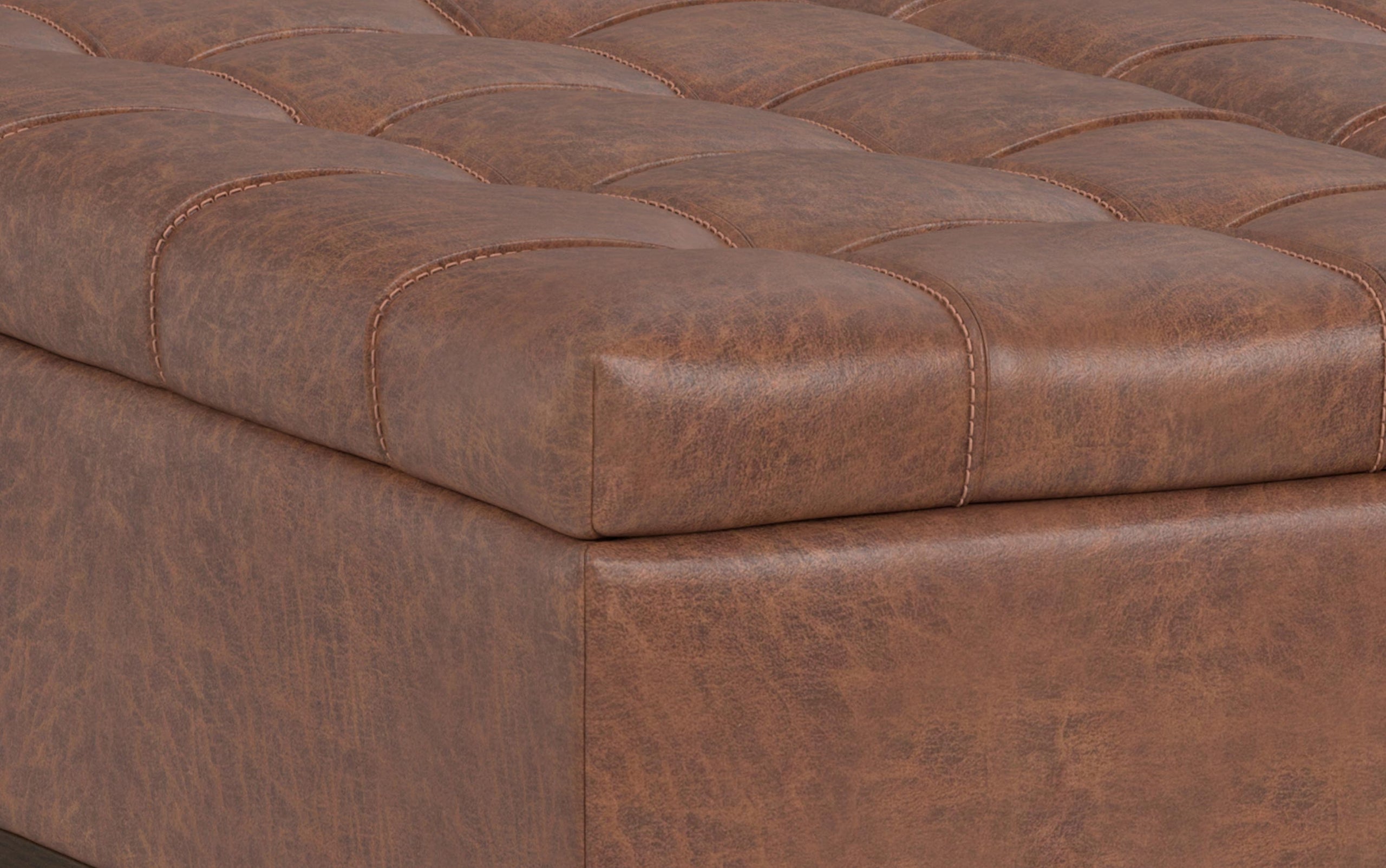 Distressed Saddle Brown Distressed Vegan Leather | Mariah Lift Top Table Storage Ottoman