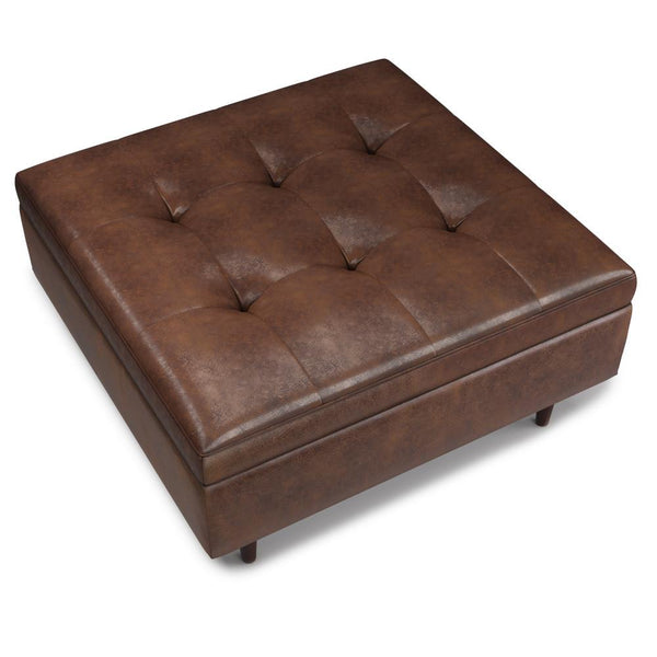 Distressed Chestnut Brown Distressed Vegan Leather | Shay Mid Century Large Square Coffee Table Storage Ottoman