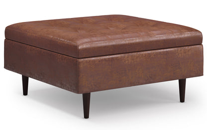 Distressed Saddle Brown Distressed Vegan Leather | Shay Mid Century Small Square Coffee Table Storage Ottoman