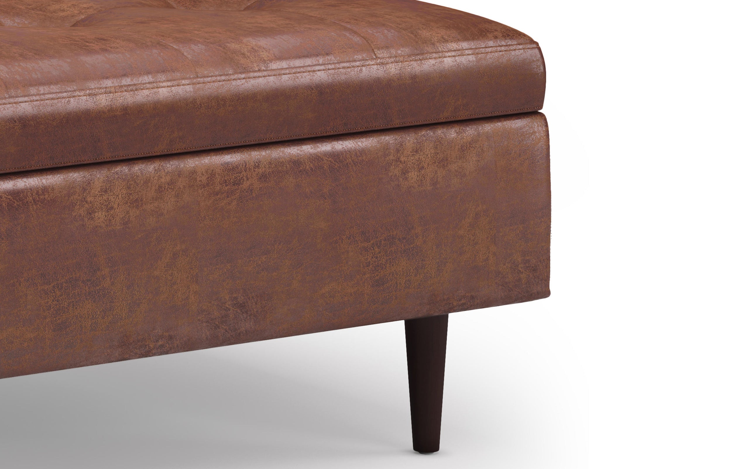 Distressed Saddle Brown Distressed Vegan Leather | Shay Mid Century Small Square Coffee Table Storage Ottoman