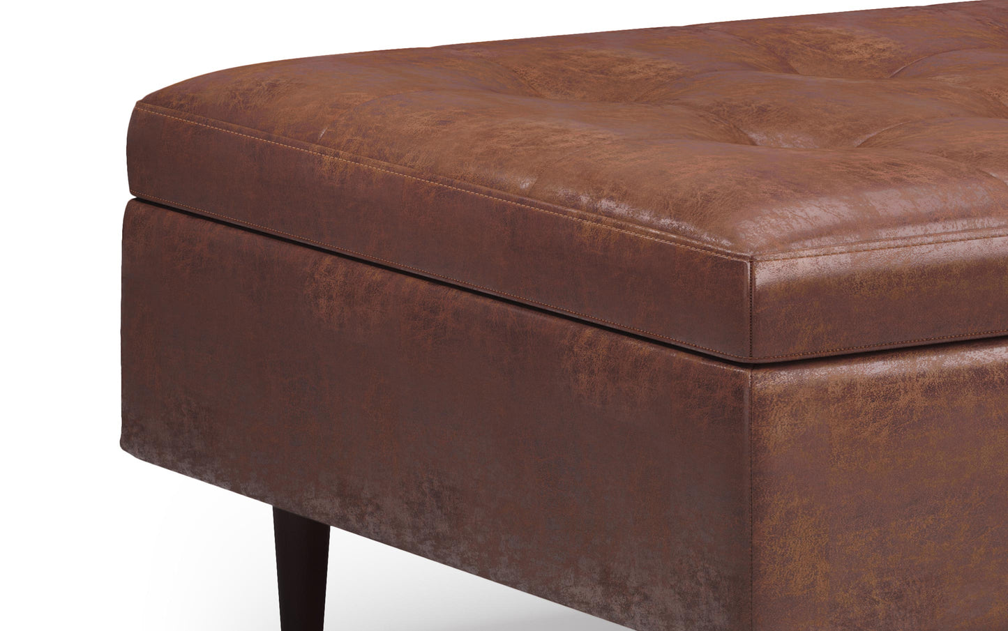 Distressed Saddle Brown Distressed Vegan Leather | Shay Mid Century Small Square Coffee Table Storage Ottoman