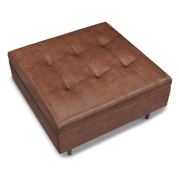 Distressed Saddle Brown Distressed Vegan Leather | Shay Mid Century Small Square Coffee Table Storage Ottoman