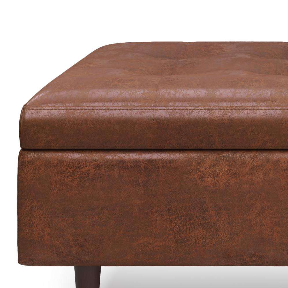 Distressed Saddle Brown Distressed Vegan Leather | Shay Mid Century Small Square Coffee Table Storage Ottoman