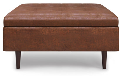 Distressed Saddle Brown Distressed Vegan Leather | Shay Mid Century Small Square Coffee Table Storage Ottoman