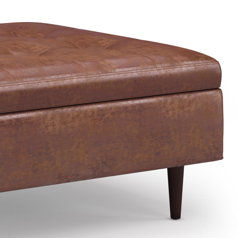 Distressed Saddle Brown Distressed Vegan Leather | Shay Mid Century Small Square Coffee Table Storage Ottoman