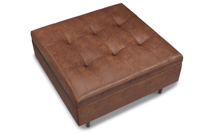 Distressed Saddle Brown Distressed Vegan Leather | Shay Mid Century Small Square Coffee Table Storage Ottoman