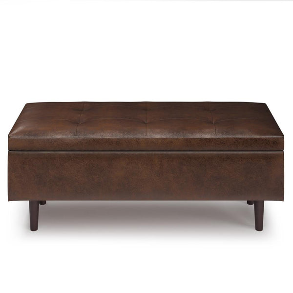 Distressed Chestnut Brown Distressed Vegan Leather | Shay Mid Century Rectangular Storage Ottoman