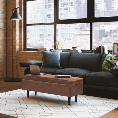 Distressed Saddle Brown Distressed Vegan Leather | Shay Mid Century Rectangular Storage Ottoman