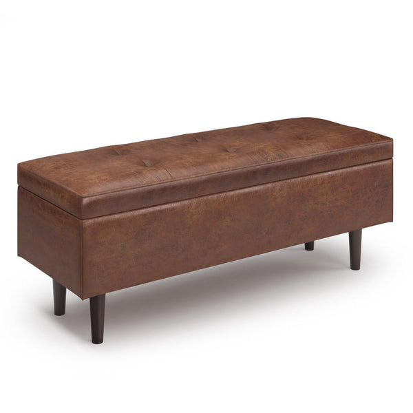 Distressed Saddle Brown Distressed Vegan Leather | Shay Mid Century Rectangular Storage Ottoman