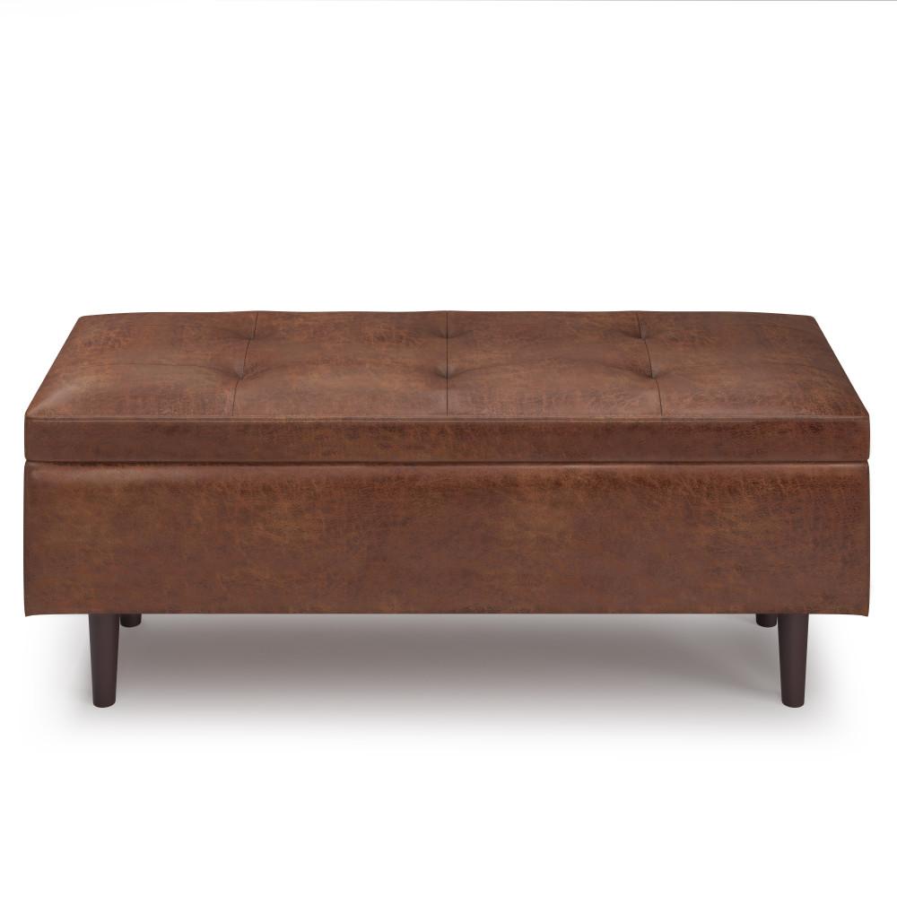 Distressed Saddle Brown Distressed Vegan Leather | Shay Mid Century Rectangular Storage Ottoman