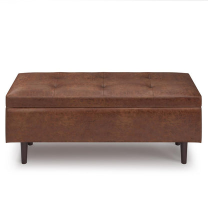 Distressed Saddle Brown Distressed Vegan Leather | Shay Mid Century Rectangular Storage Ottoman