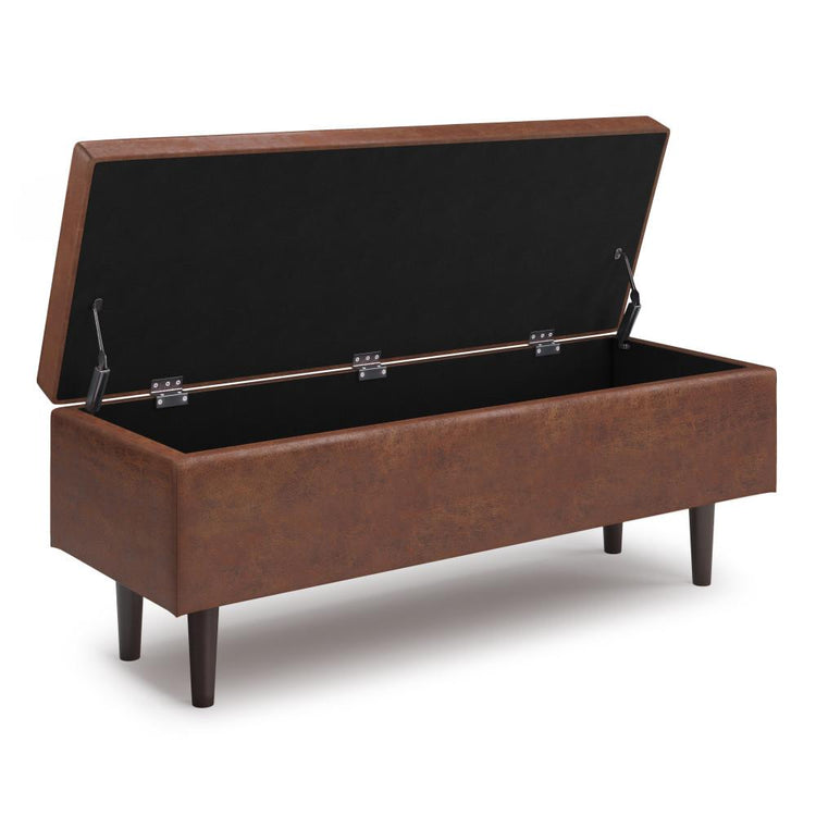 Distressed Saddle Brown Distressed Vegan Leather | Shay Mid Century Rectangular Storage Ottoman