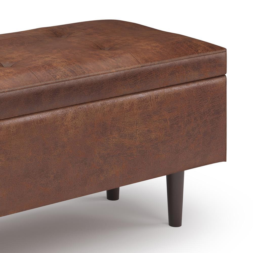 Distressed Saddle Brown Distressed Vegan Leather | Shay Mid Century Rectangular Storage Ottoman