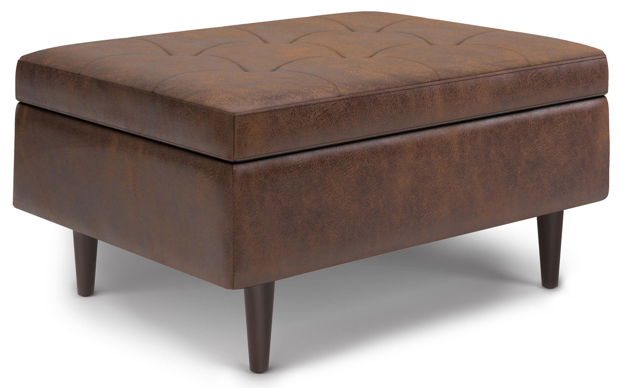 Distressed Chestnut Brown Distressed Vegan Leather | Shay Mid Century Small Square Coffee Table Storage Ottoman