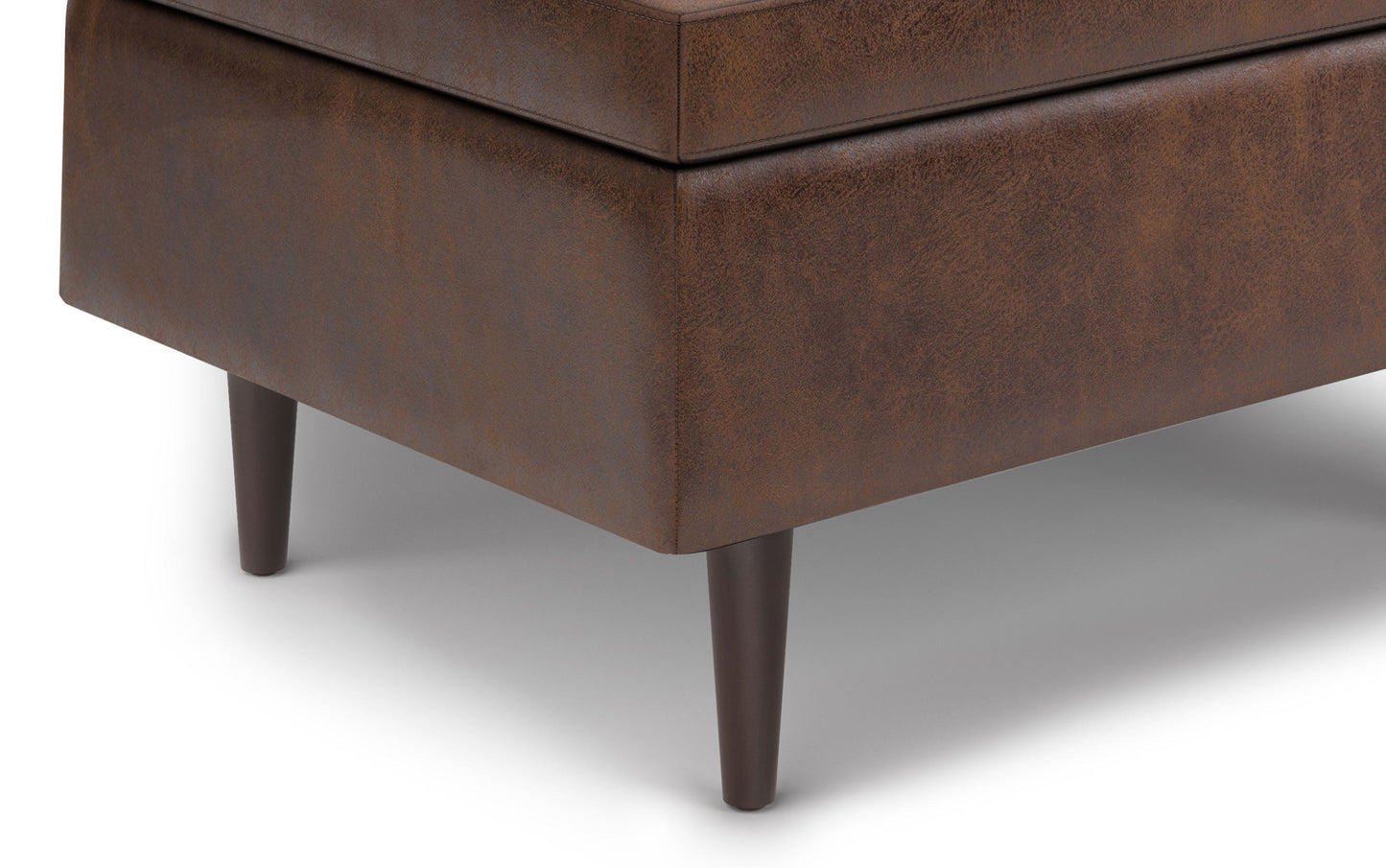 Distressed Chestnut Brown Distressed Vegan Leather | Shay Mid Century Small Square Coffee Table Storage Ottoman