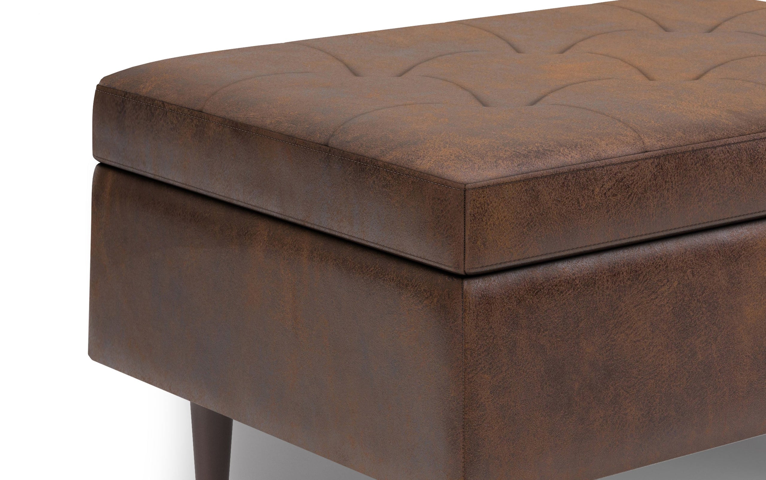 Distressed Chestnut Brown Distressed Vegan Leather | Shay Mid Century Small Square Coffee Table Storage Ottoman