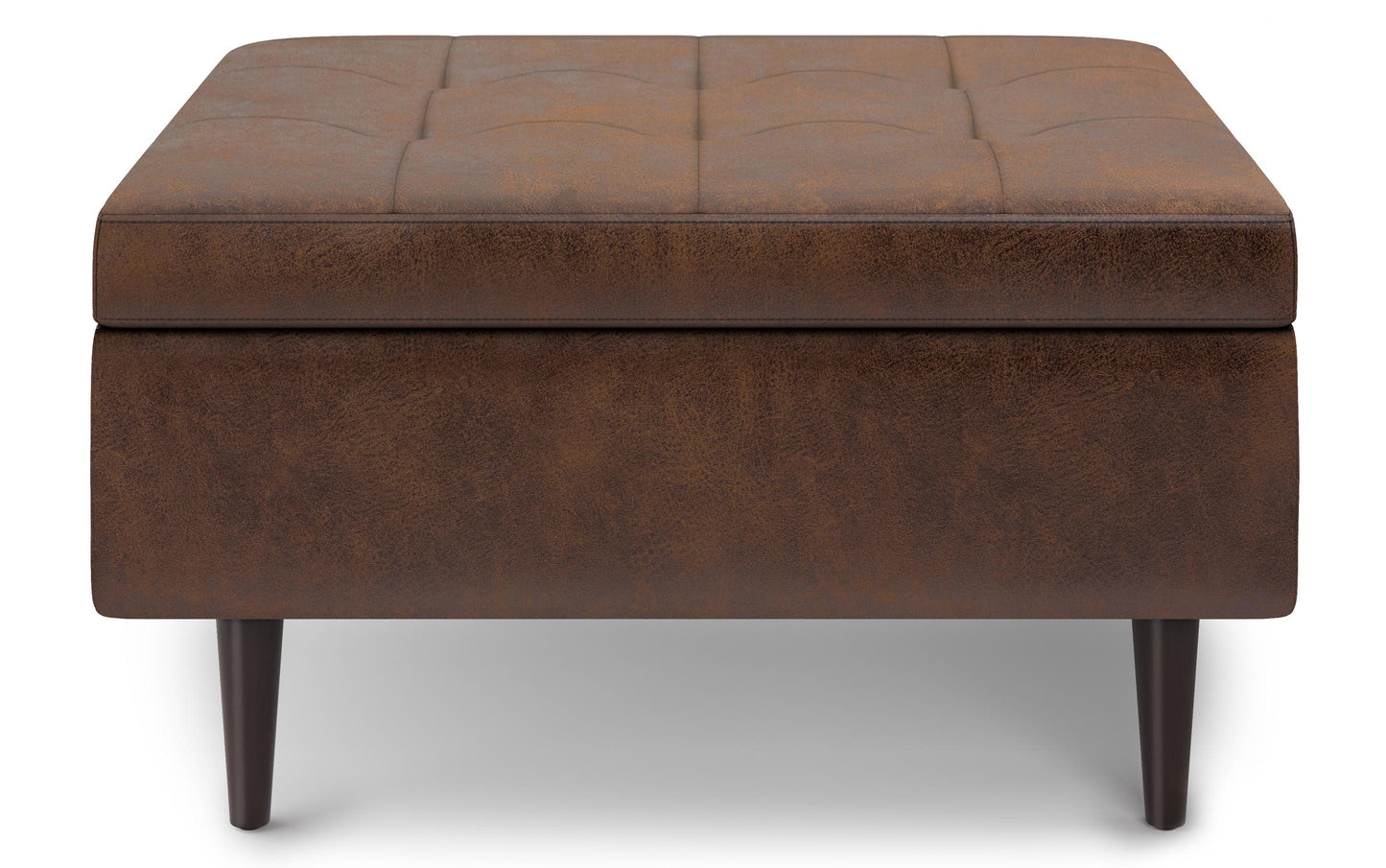 Distressed Chestnut Brown Distressed Vegan Leather | Shay Mid Century Small Square Coffee Table Storage Ottoman