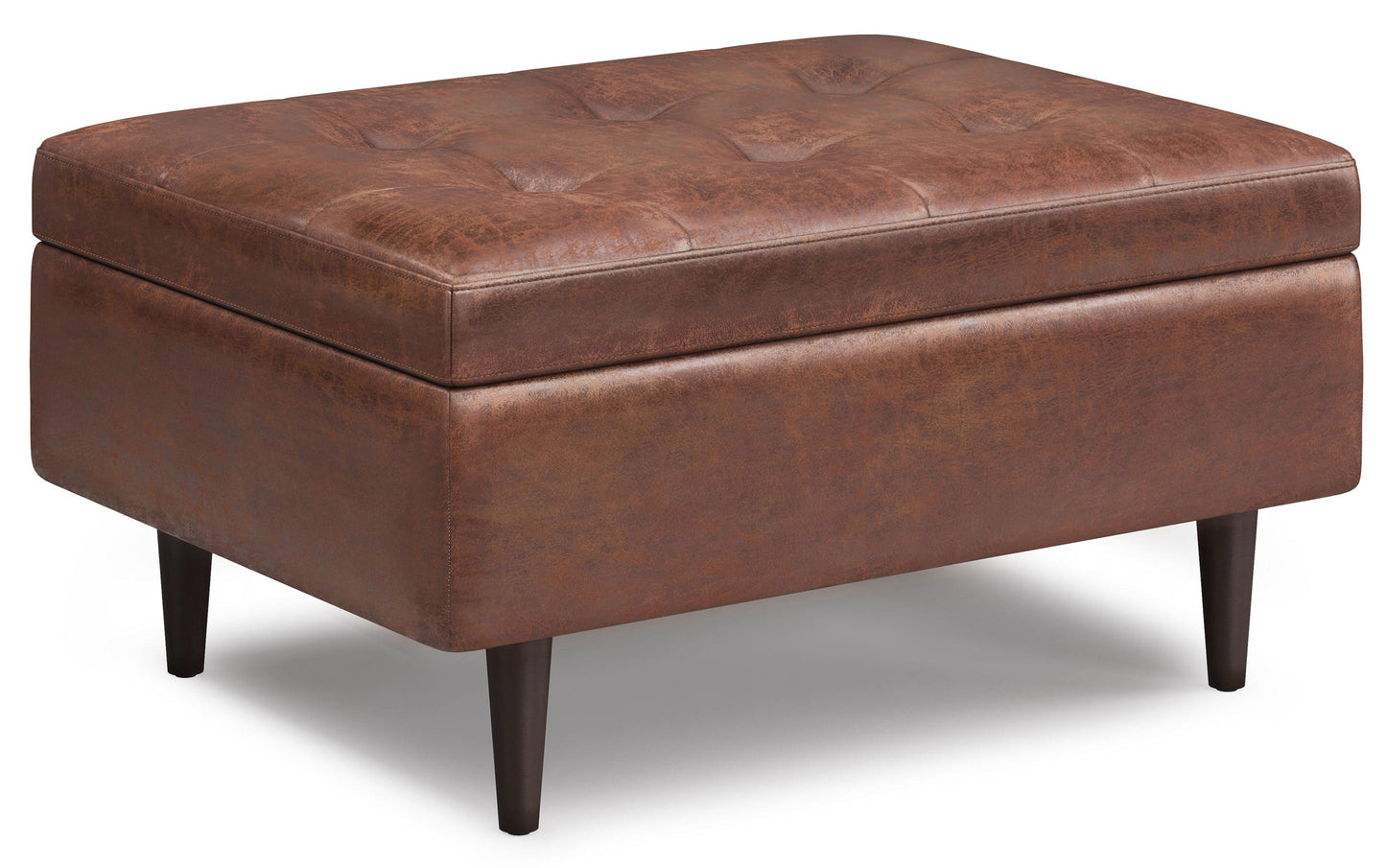 Distressed Saddle Brown Distressed Vegan Leather | Shay Mid Century Small Square Coffee Table Storage Ottoman