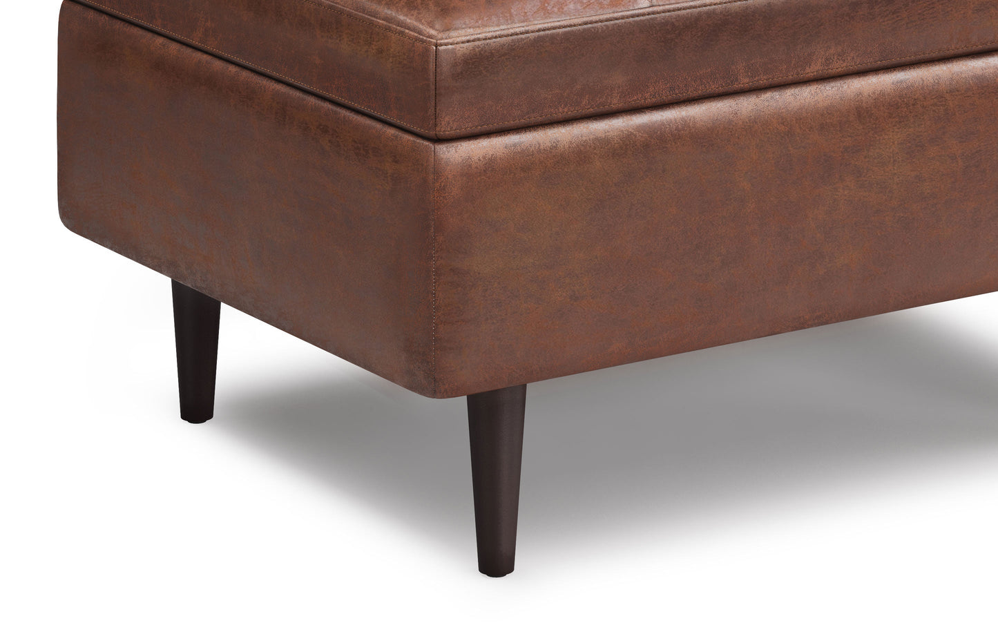 Distressed Saddle Brown Distressed Vegan Leather | Shay Mid Century Small Square Coffee Table Storage Ottoman