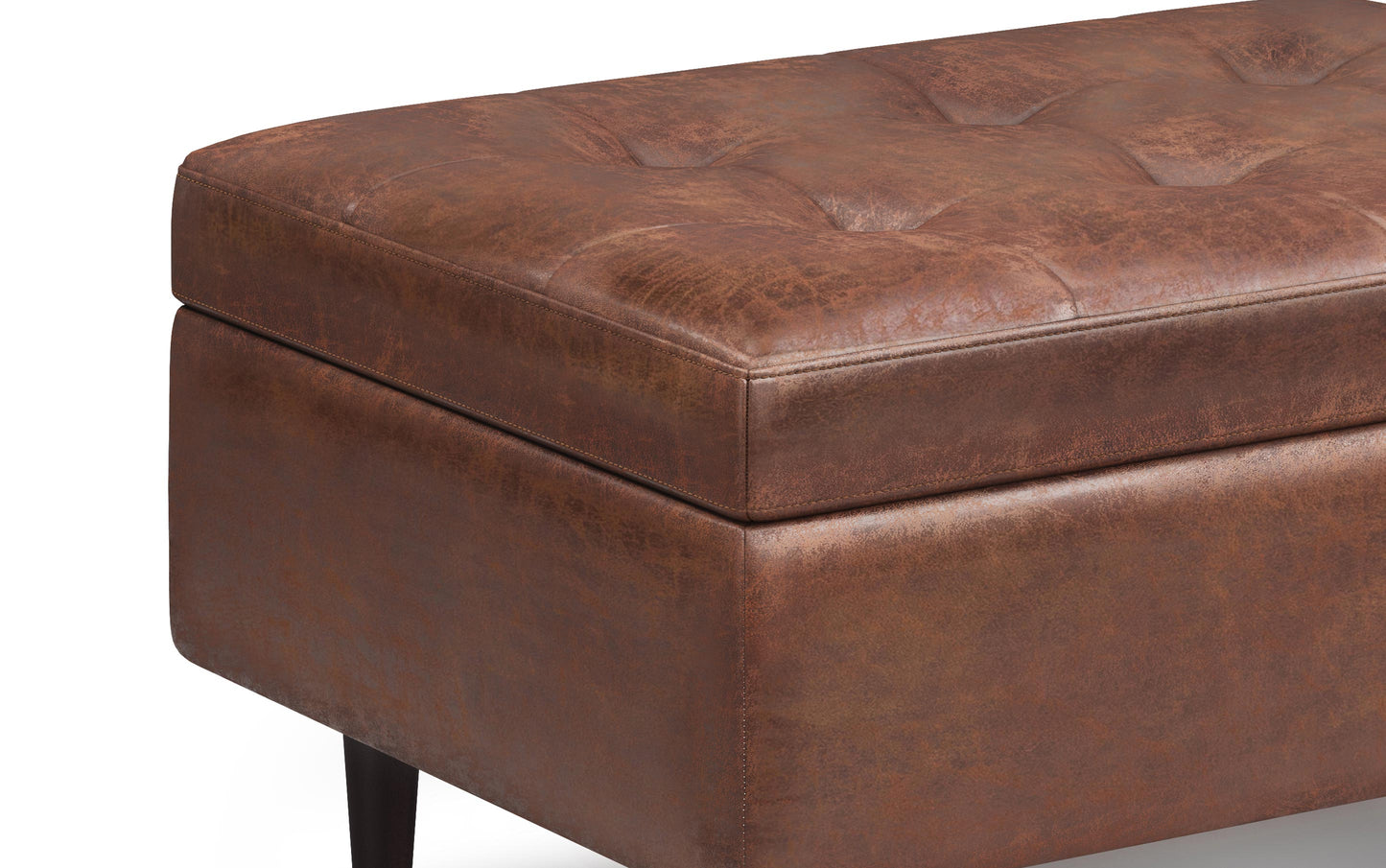 Distressed Saddle Brown Distressed Vegan Leather | Shay Mid Century Small Square Coffee Table Storage Ottoman