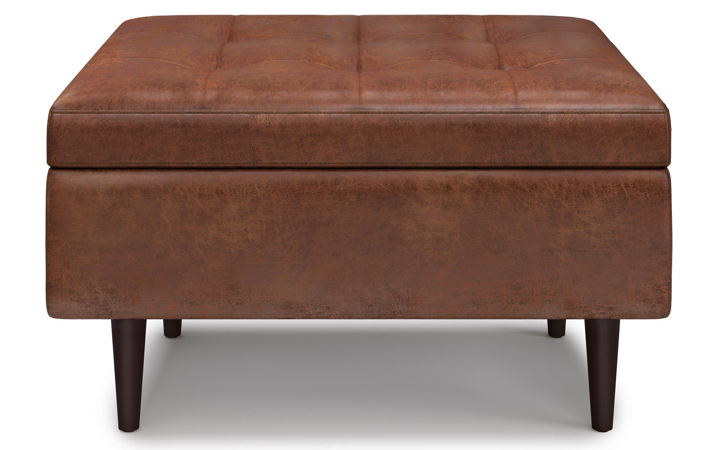 Distressed Saddle Brown Distressed Vegan Leather | Shay Mid Century Small Square Coffee Table Storage Ottoman