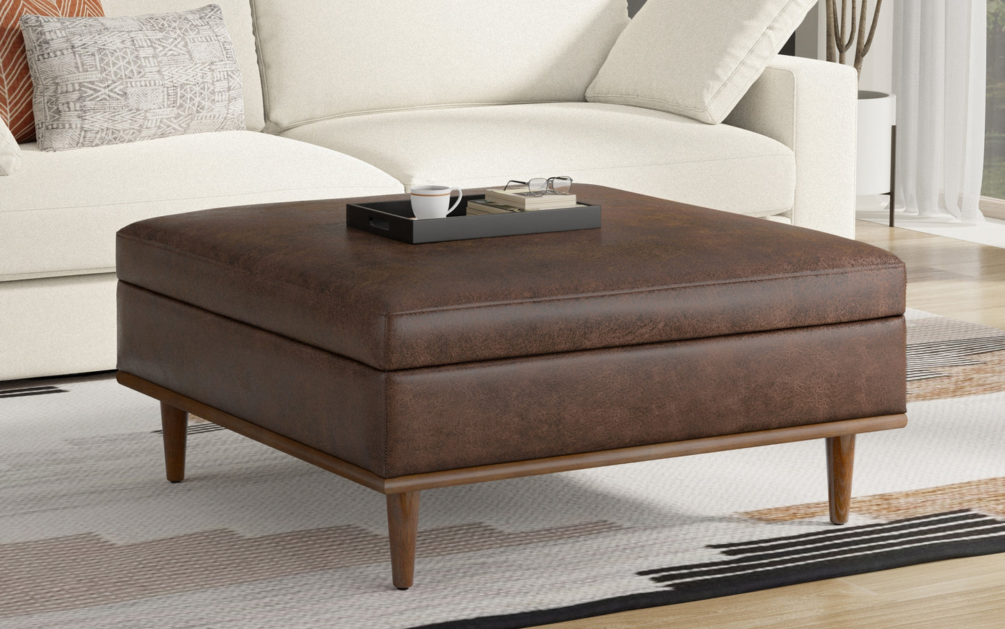 Distressed Chestnut Brown Distressed Vegan Leather | Shiloh Square Storage Ottoman