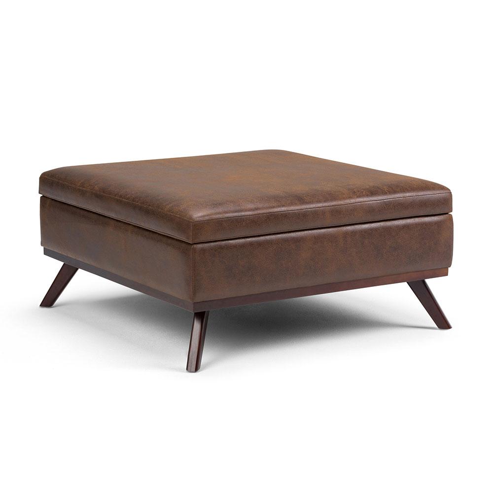 Distressed Chestnut Brown Distressed Vegan Leather | Owen Coffee Table Ottoman with Storage