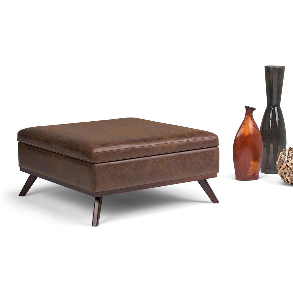 Distressed Chestnut Brown Distressed Vegan Leather | Owen Coffee Table Ottoman with Storage