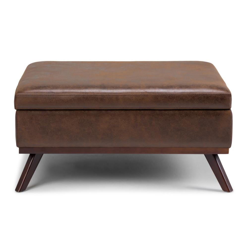 Distressed Chestnut Brown Distressed Vegan Leather | Owen Coffee Table Ottoman with Storage