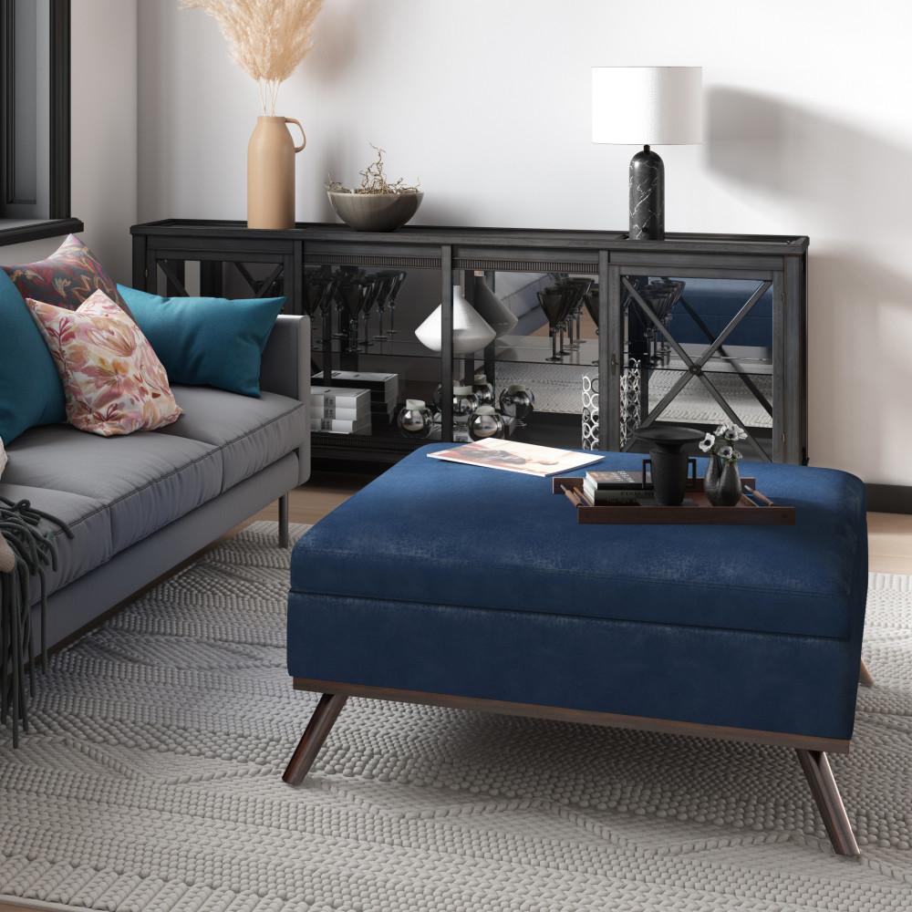 Distressed Dark Blue Distressed Vegan Leather | Owen Coffee Table Ottoman with Storage