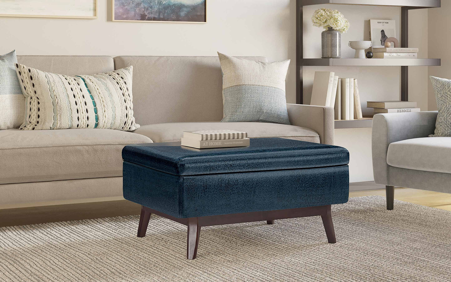 Distressed Dark Blue Distressed Vegan Leather | Owen Small Coffee Table Ottoman in Distressed Vegan Leather