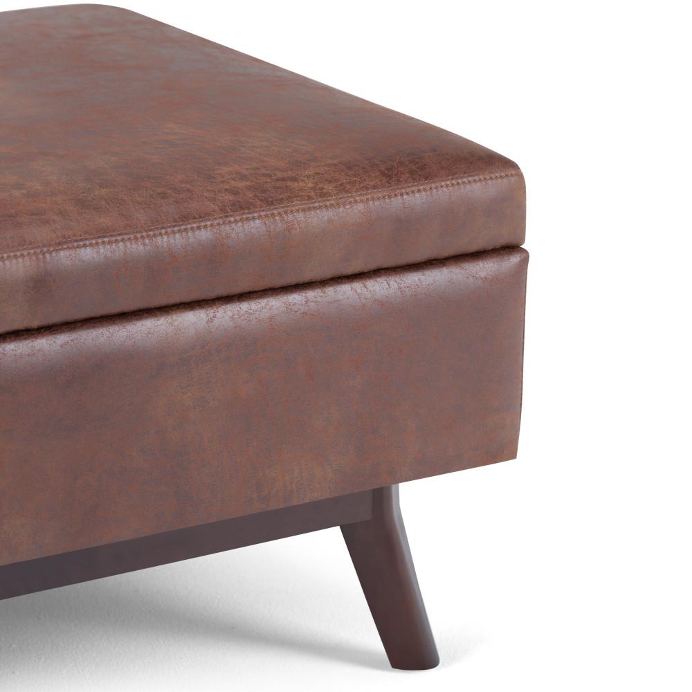 Distressed Saddle Brown Distressed Vegan Leather | Owen Coffee Table Ottoman with Storage