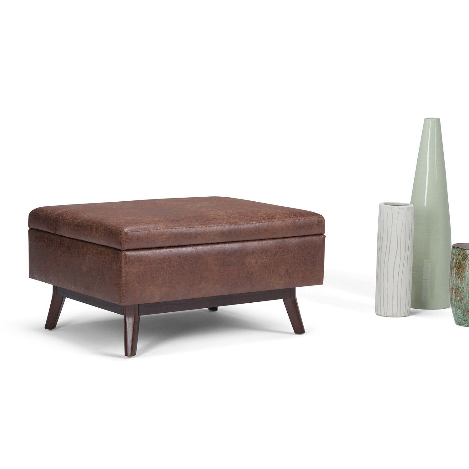 Distressed Saddle Brown Distressed Vegan Leather | Owen Coffee Table Ottoman with Storage