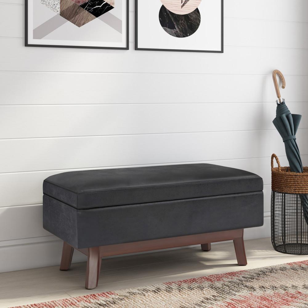 Distressed Black Distressed Vegan Leather | Owen Small Rectangular Storage Ottoman