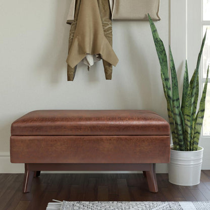 Distressed Saddle Brown Distressed Vegan Leather | Owen Small Rectangular Storage Ottoman