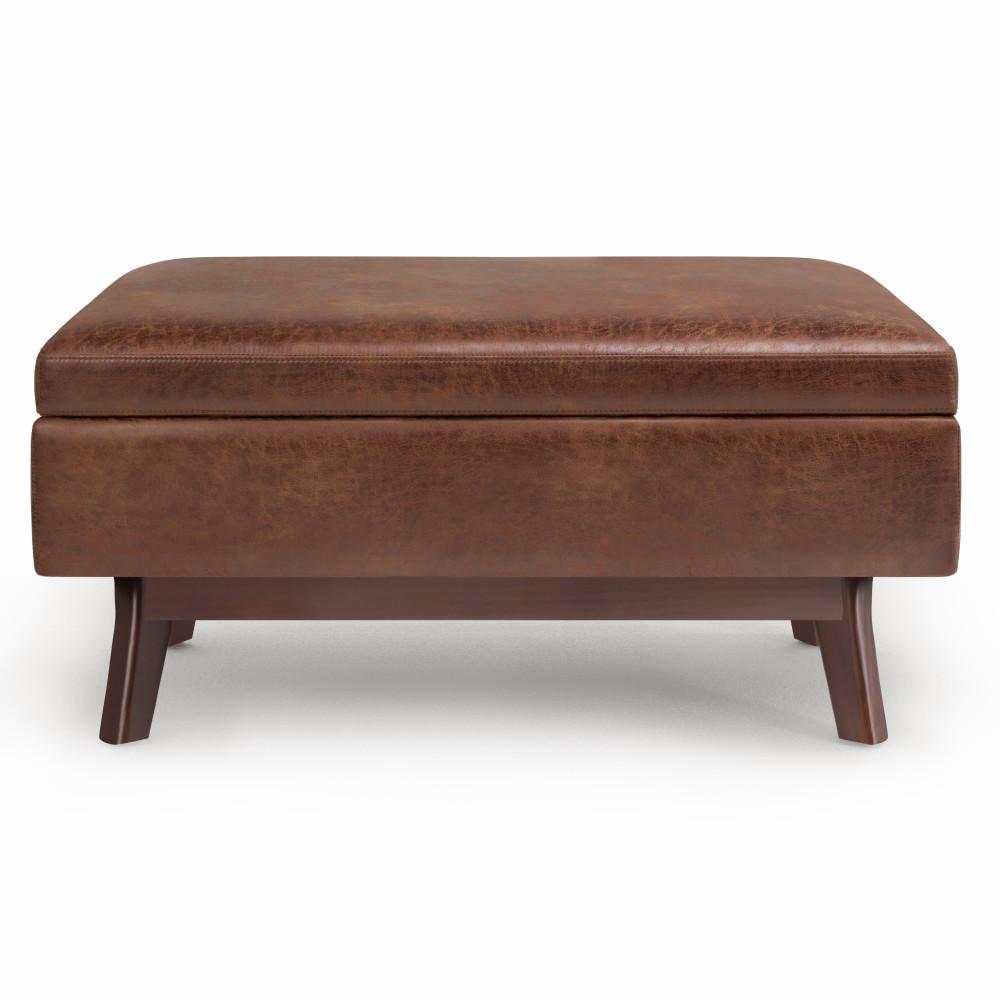 Distressed Saddle Brown Distressed Vegan Leather | Owen Small Rectangular Storage Ottoman