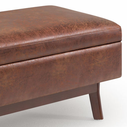 Distressed Saddle Brown Distressed Vegan Leather | Owen Small Rectangular Storage Ottoman