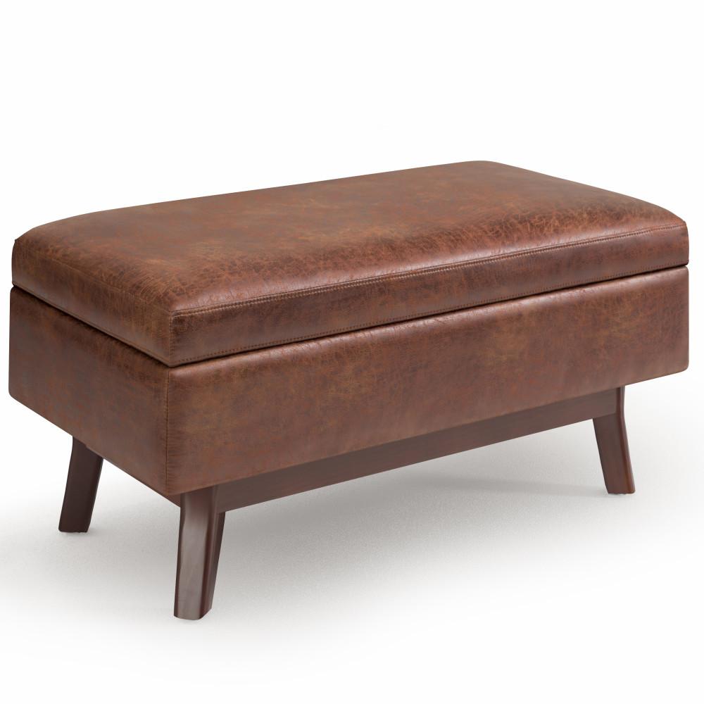 Distressed Saddle Brown Distressed Vegan Leather | Owen Small Rectangular Storage Ottoman