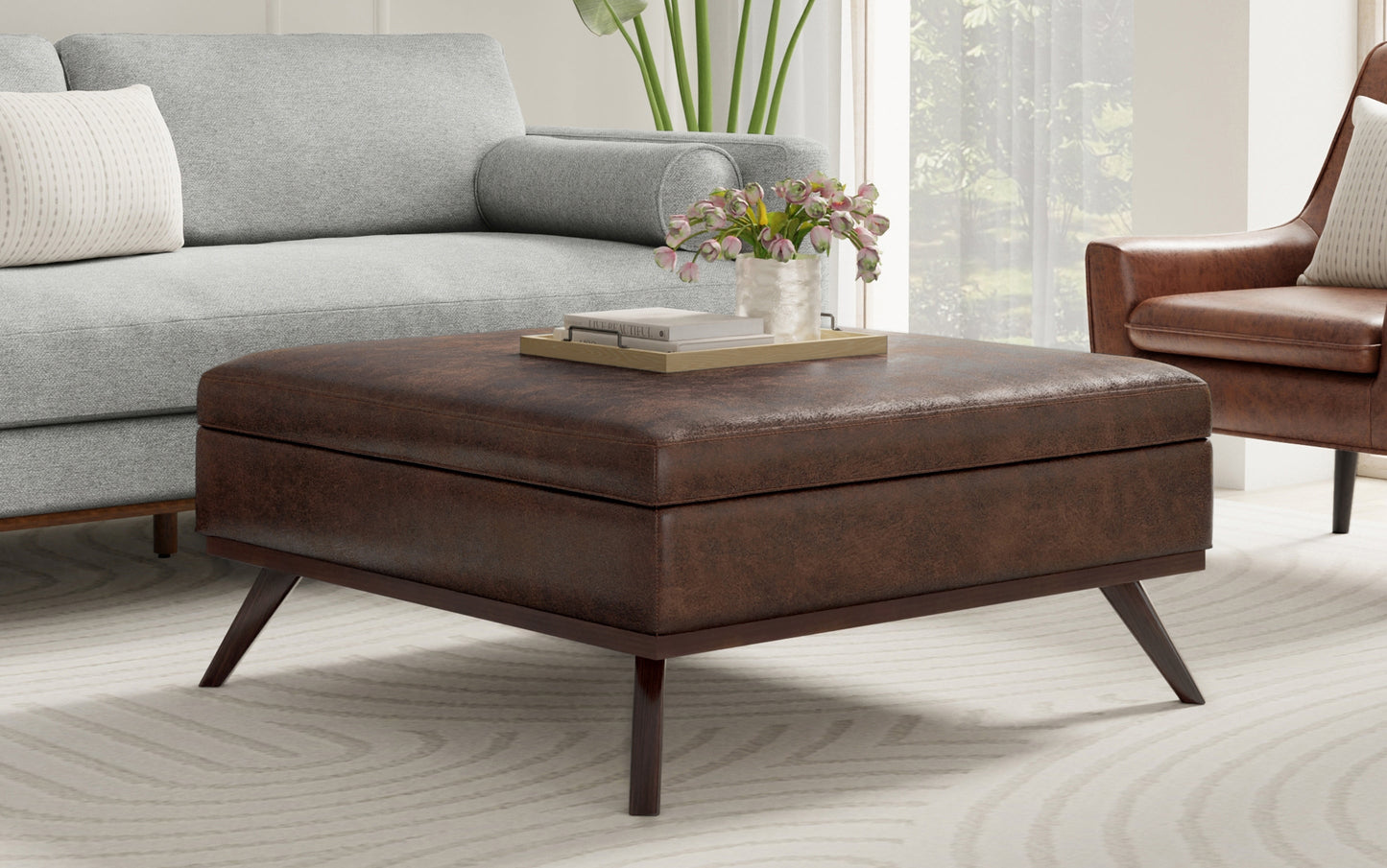 Distressed Chestnut Brown Distressed Vegan Leather | Owen XL Square Storage Ottoman