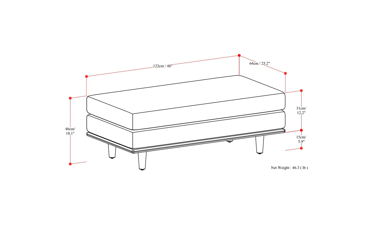 Caramel Brown Genuine Top Grain Leather | Morrison Large Rectangular Ottoman in Genuine Leather