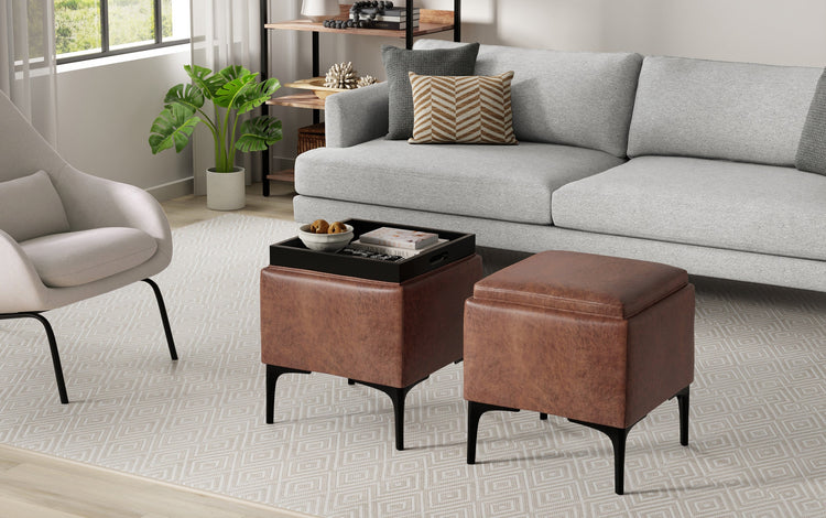 Distressed Saddle Brown Distressed Vegan Leather | Natasha Storage Ottoman with Tray