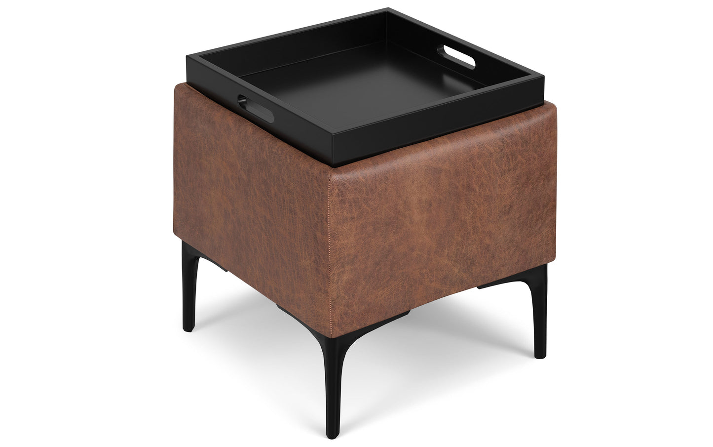 Distressed Saddle Brown Distressed Vegan Leather | Natasha Storage Ottoman with Tray