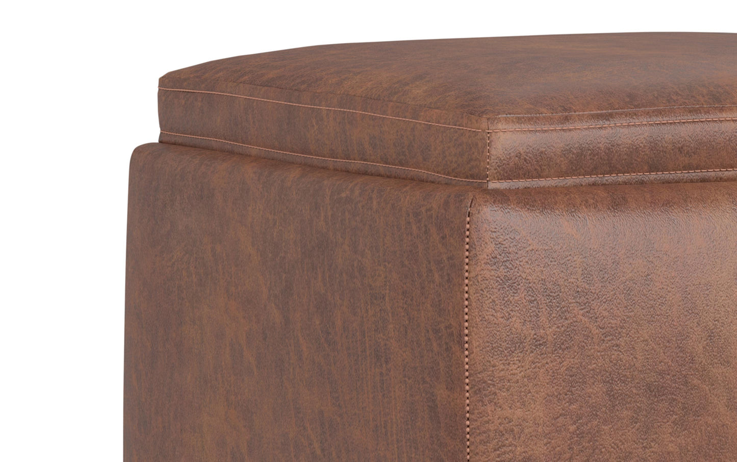 Distressed Saddle Brown Distressed Vegan Leather | Natasha Storage Ottoman with Tray