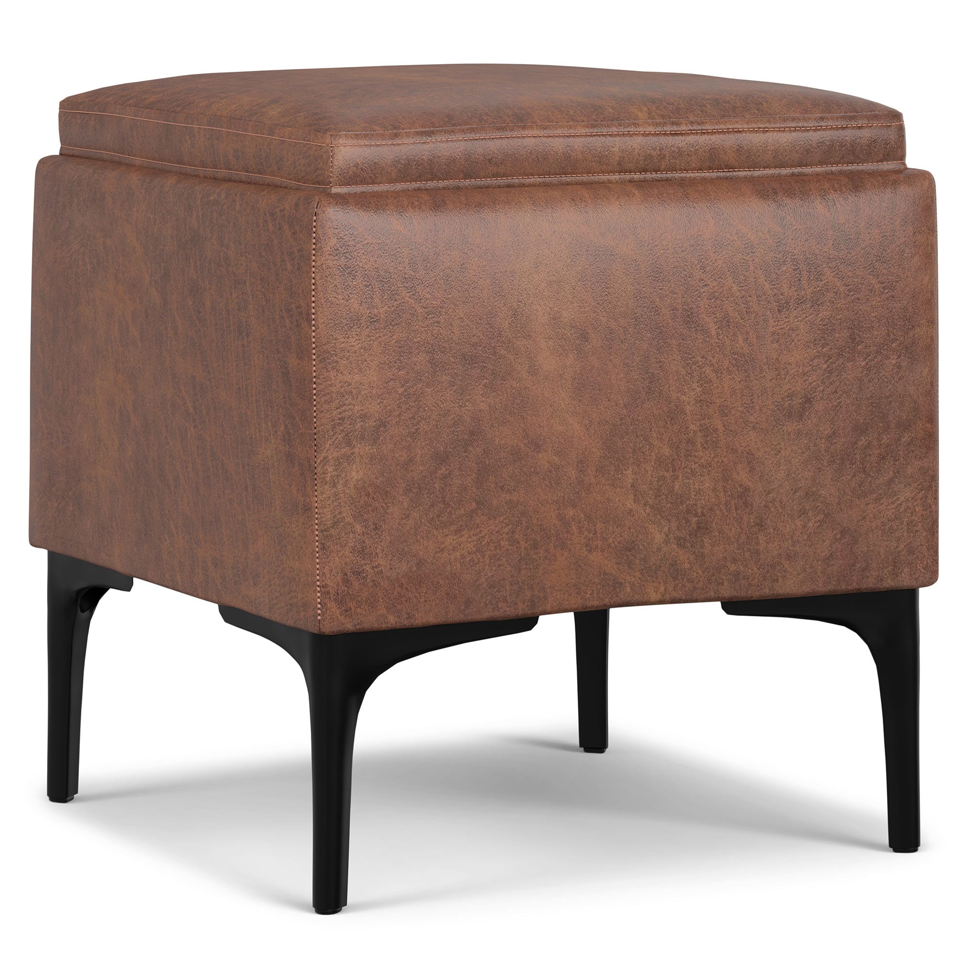 Distressed Saddle Brown Distressed Vegan Leather | Natasha Storage Ottoman with Tray