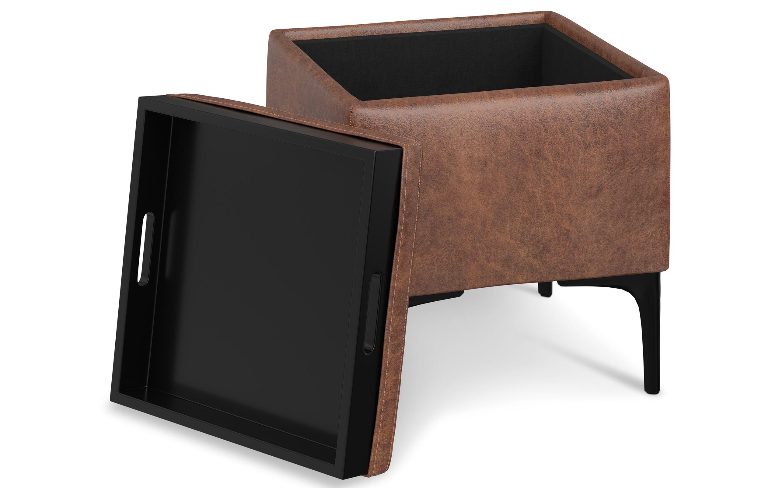 Distressed Saddle Brown Distressed Vegan Leather | Natasha Storage Ottoman with Tray