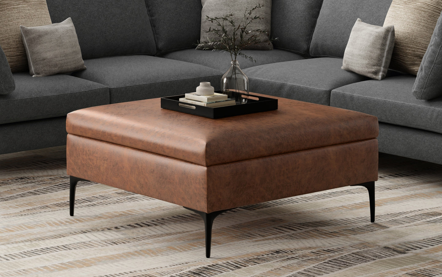 Distressed Saddle Brown Distressed Vegan Leather | Rebecca Coffee Table Storage Ottoman with Lift Up Lid