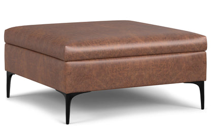 Distressed Saddle Brown Distressed Vegan Leather | Rebecca Coffee Table Storage Ottoman with Lift Up Lid